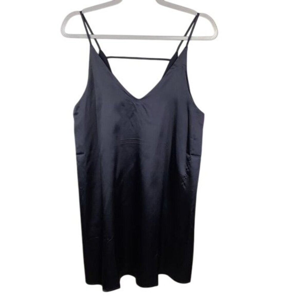 Love J Navy Blue Satin‎ V-Neck Slip Dress Women Medium With Scarf NEW NWT